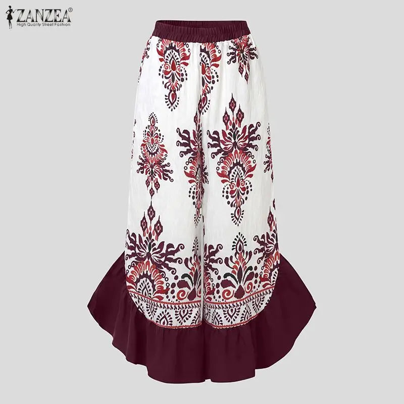 ZANZEA Women's Pants Vintage Printed Trouser Patchwork Casual Loose Ladies Bottoms Fashion Long Elegant Pants