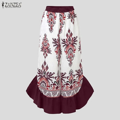 ZANZEA Casual Loose Ladies Bottoms Women's Pants Vintage Printed Trouser Patchwork Fashion Long Elegant Pants
