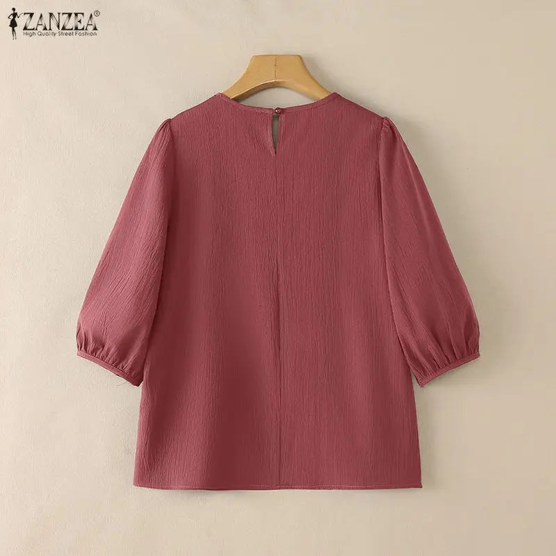 ZANZEA Women's Elegant Pleated Detail Blouses O-Neck 3/4 Puff Sleeve Crinkled Fabric Tops Solid Color Casual Blusas de Mujer 3XL