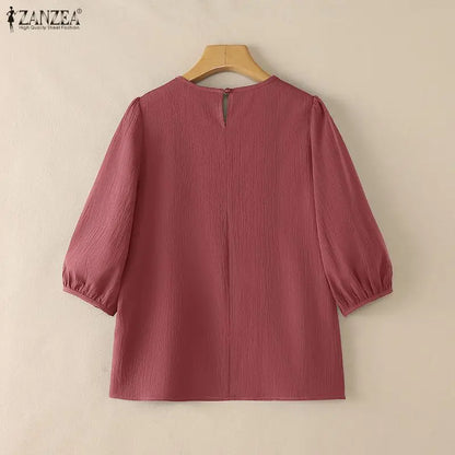 ZANZEA Women's Elegant Pleated Detail Blouses O-Neck 3/4 Puff Sleeve Crinkled Fabric Tops Solid Color Casual Blusas de Mujer 3XL