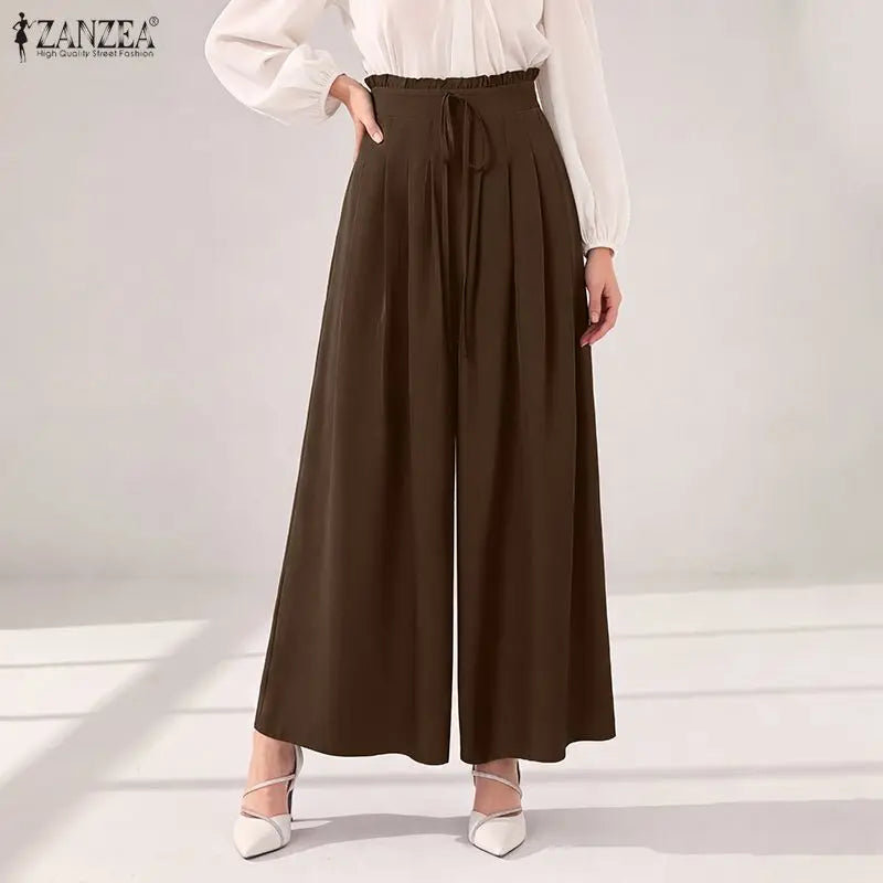 Fashion Summer Autumn Women Pants ZANZEA Wide Leg Pant Solid Pleated Long Trousers Elastic Waist Streetwear Oversize S-3XL