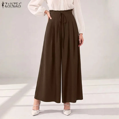 Fashion Summer Autumn Women Pants ZANZEA Wide Leg Pant Solid Pleated Long Trousers Elastic Waist Streetwear Oversize S-3XL