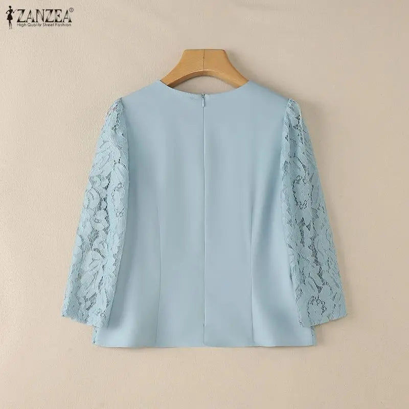 ZANZEA Woman Elegant Lace Layering Blouse O-Neck 3/4 Sleeve Princess Seams Slim-Fit Short Tops Summer Patchwork Blusas de Mujer
