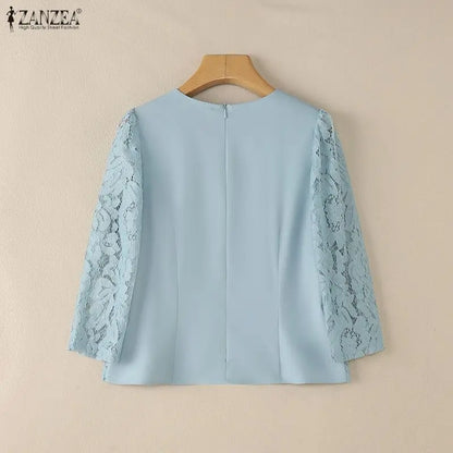 ZANZEA Woman Elegant Lace Layering Blouse O-Neck 3/4 Sleeve Princess Seams Slim-Fit Short Tops Summer Patchwork Blusas de Mujer