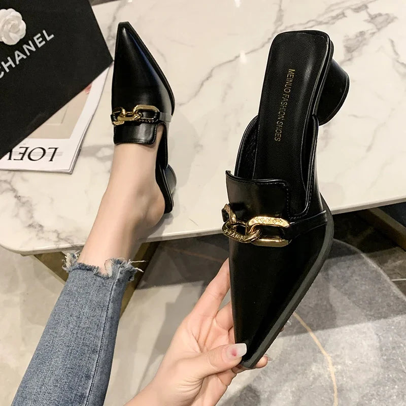 New Summer Luxury Women Black High Heels Slippers Close Toe Block Heels Mules Designer Slip on Loafers Slides Party Shoes