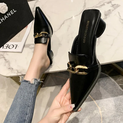 New Summer Luxury Women Black High Heels Slippers Close Toe Block Heels Mules Designer Slip on Loafers Slides Party Shoes