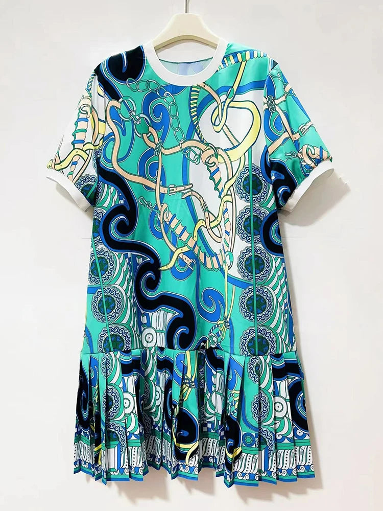 Retro geometric print round neck pullover dress 2026 summer women's T-shirt skirt fashionable loose oversized puffy skirt