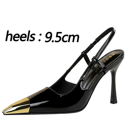 Summer Women's Sandals Leopard Print High Heels Metal Pointed Tip High Heeled Sandals Rear Empty Rear Strap Stiletto Heels Lady