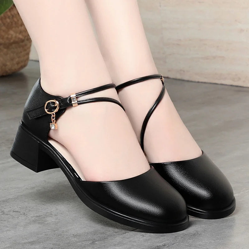2025 New Sandals Women's Mid-Heel Soft Leather Shoes Thick Heel Summer One-Button Hollow Comfortable And Elegant Mother's Shoes