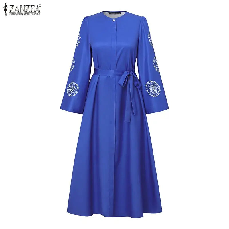 ZANZEA Fashion Women Long Sleeve Muslim Abaya Dresses Floral Printed Dress IsIamic Robe Casual Kaftan Belted Vestidos Ramadan