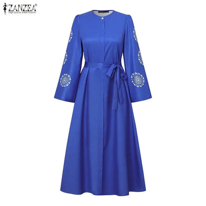 ZANZEA Fashion Women Long Sleeve Muslim Abaya Dresses Floral Printed Dress IsIamic Robe Casual Kaftan Belted Vestidos Ramadan