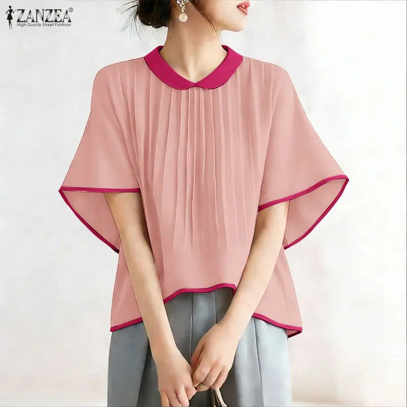 ZANZEA Woman Casual Chic Pleated High-Low Blouses Peter-Pan Collar Half Sleeves Contrast-Color Tops 2026 Summer Blusas de Mujer