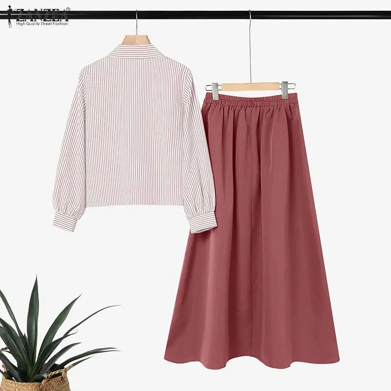 ZANZEA 2PCS Muslim Outfits Women 2 Pieces Sets Elegant Long Sleeve Striped Shirt Dress Suit Hijab Fashion Matching Sets Ramadan