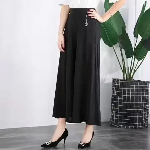 High Waist Drapey Wide Leg Skirt Pants Loose Fit Thin Summer plus Size Slimming Nine Point Pants for Middle-Aged And Elderly ...