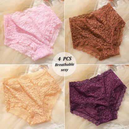 4PCS/SET Women Soft Lace Panties Breathable High Waist Underwear Hollow Sexy Lingerie Floral Solid Color Transparents Briefs New