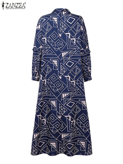 2025 Women Elegant Long Sleeve Printed Sundress ZANZEA Fashion Muslim Abaya Dress Eid Mubarek Robe Femme Turkey Kaftan Vestidos