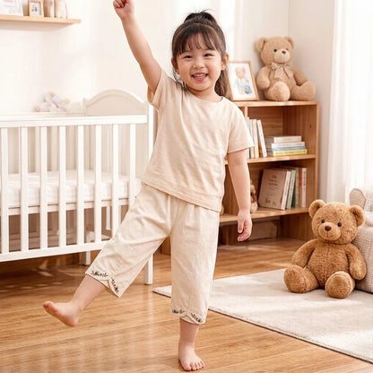 Girls' Embroidered Lace Trim Trousers Spring Summer Korean Country Garden Style Loose Fit Breathable Versatile Everyday Wear