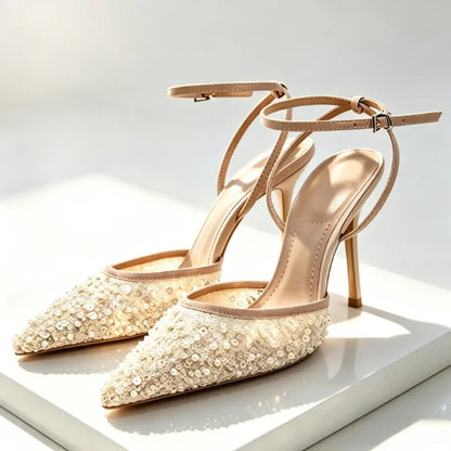 Luxury Bling String Bead Mesh Designer Pumps Women Sexy Pointed Toe Ankle Strap High Heels Elegant Party Wedding Heeled Sandals