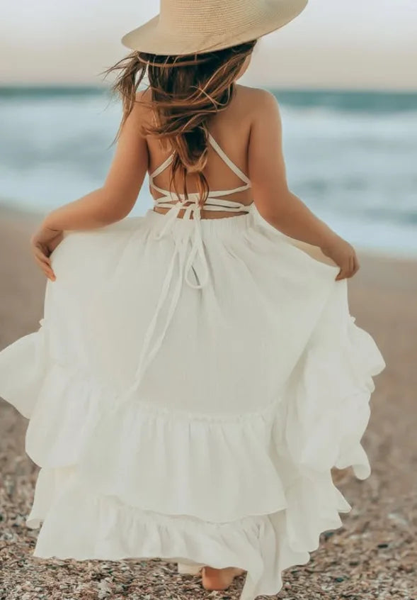 2026 Nordic Girls Spring Summer Cotton Linen Backless Bohemian Lace Mid Length Children Vest Dress
