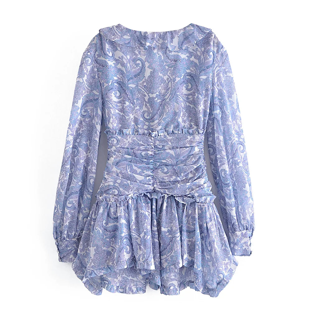 Blue Floral Print Chiffon Mini Dress Women Wood Ears Ruffles V Neck Open Buttons Slim Ruched Waist Long Sleeve Holiday Robe