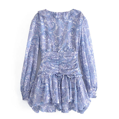 Blue Floral Print Chiffon Mini Dress Women Wood Ears Ruffles V Neck Open Buttons Slim Ruched Waist Long Sleeve Holiday Robe