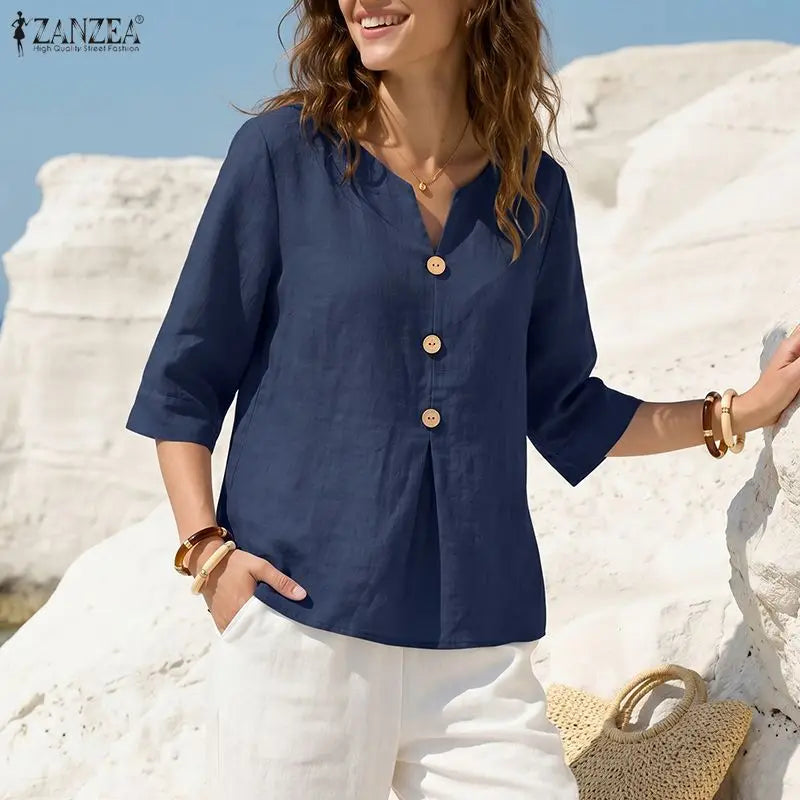 ZANZEA Women Breathable Cotton Linen Blouses V-Neck Half-Sleeve Loose Plain Tops Summer Daily Casual Vacation Beach Blusas Mujer