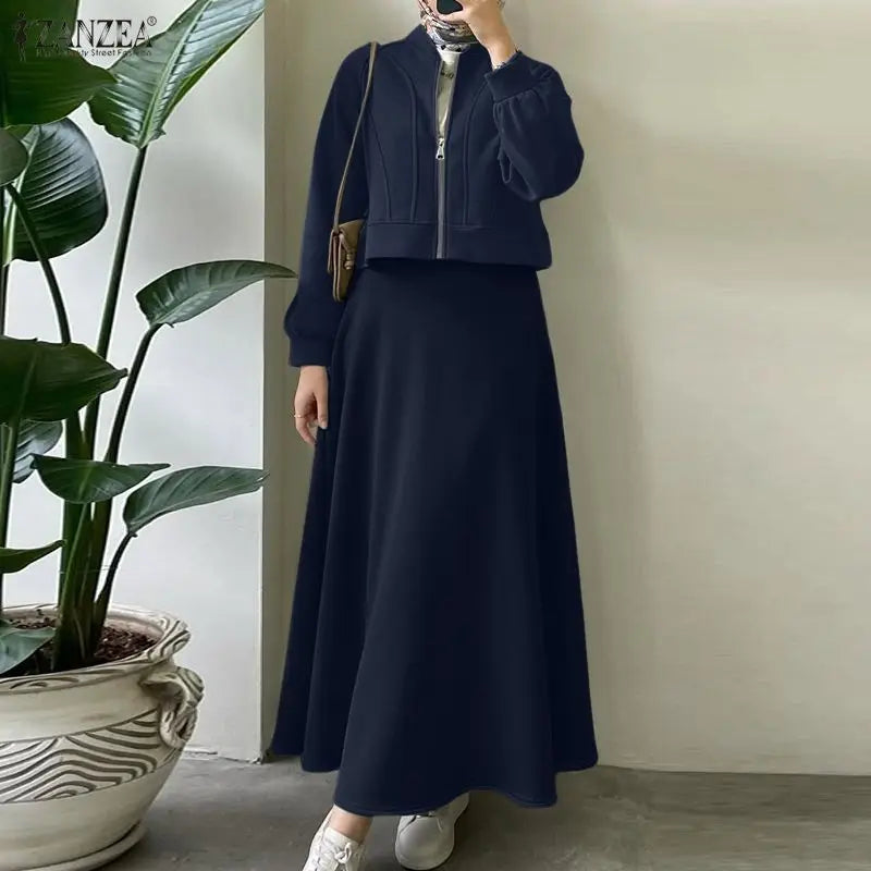 ZANZEA 2026 Spring Outfits Long Sleeve Blouse Skirt Suit Fashion Women 2 Pieces Sets Zipper Coats Maxi Dress Muslim Matching Set