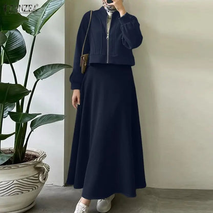 ZANZEA 2026 Spring Outfits Long Sleeve Blouse Skirt Suit Fashion Women 2 Pieces Sets Zipper Coats Maxi Dress Muslim Matching Set