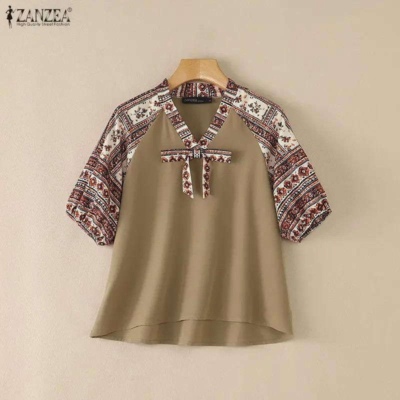 ZANZEA Bohemian Printing Patchwork Blouses Woman Elegant Tie Neck Lantern Sleeves Loose Tops Summer Casual Daily Wear Blusas