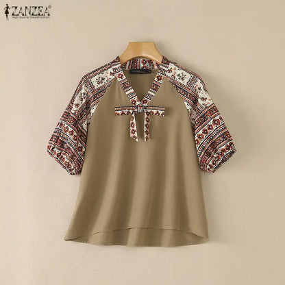 ZANZEA Bohemian Printing Patchwork Blouses Woman Elegant Tie Neck Lantern Sleeves Loose Tops Summer Casual Daily Wear Blusas