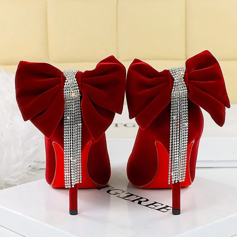 BIGTREE Shoes Rhinestone Chain Design Women Pumps Bowknot Suede High Heels Pointed Heels Stiletto 10 cm Luxury Banquet Shoes