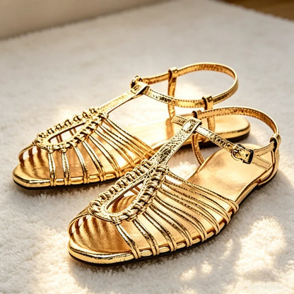 NEW Style Cage Flat Sandals Women Metallic Finish Ankle Strap Buckle Gladiator Sandals for Girls Summer Luxury Designer Shoes