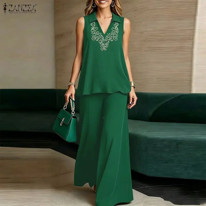 ZANZEA Fashion Summer 2 Pieces Sets Outfits Sleeveless Tanks Tops Pants Sets Women Floral Embroidered Blouse Trousers Suit 2026