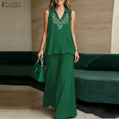 ZANZEA Fashion Summer 2 Pieces Sets Outfits Sleeveless Tanks Tops Pants Sets Women Floral Embroidered Blouse Trousers Suit 2026