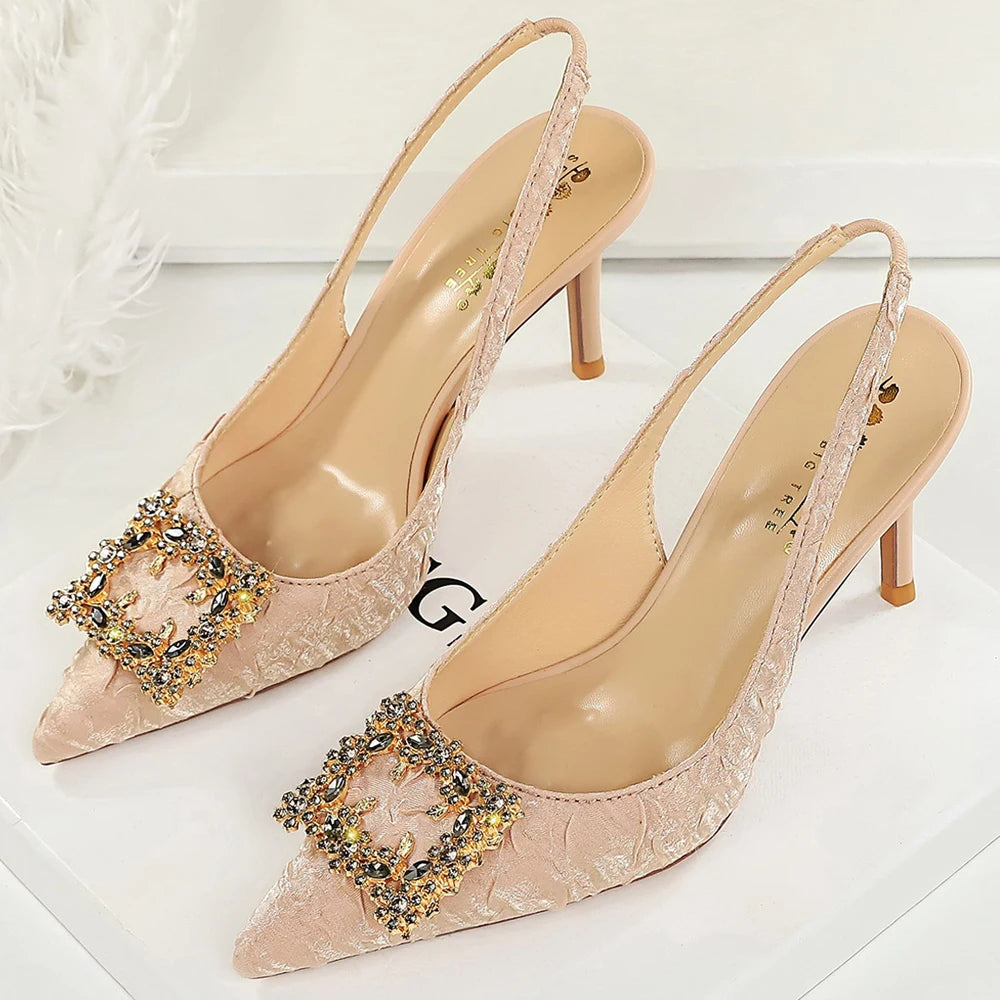 Luxury High Heels Women Shoes Summer Sandals Metal Rhinestone Square Buckle Women Pumps Stiletto Pleated Silk Women Sandals