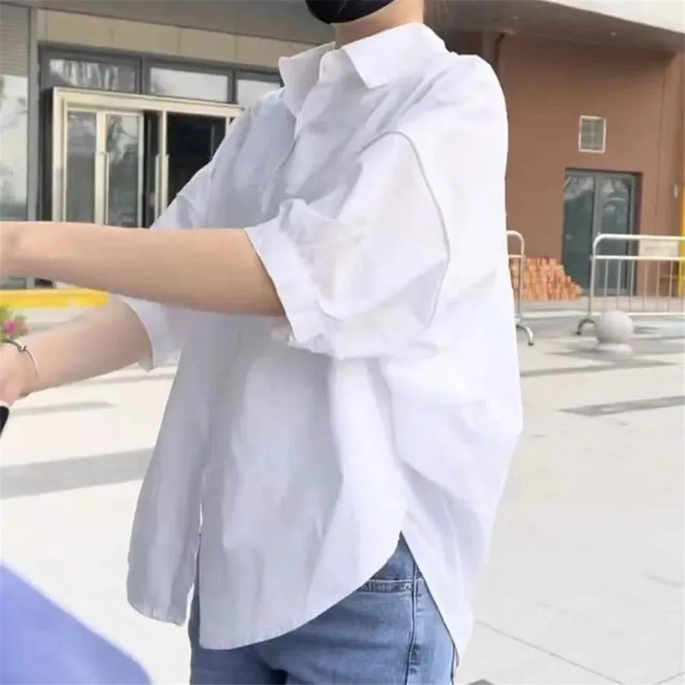 Summer Shirt Women Blouses 2024 New Mid-sleeve Loose Y2k Chic Clothes Fashion Irregular Shirts Korean Ladies Casual Vacation Tos
