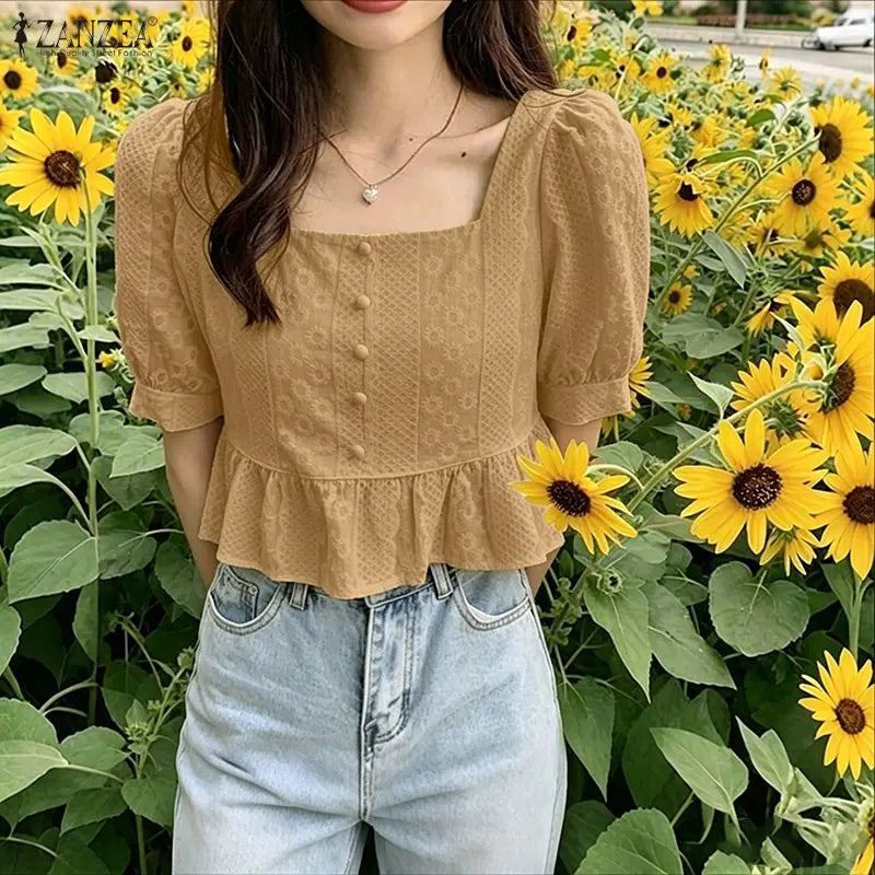 ZANZEA Embroidered Fabric Cropped Blouses Woman Square Neck Short Puff Sleeve Peplum Tops Summer Daily Casual Blusas de Mujer