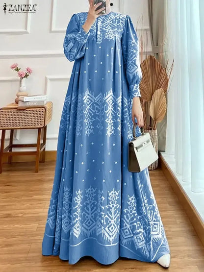 2026 ZANZEA Spring Floral Printed Dress Ramadan Muslim Abaya Dress Women O Neck Long Sleeve Sundress Islamic Robe Casual Kaftan