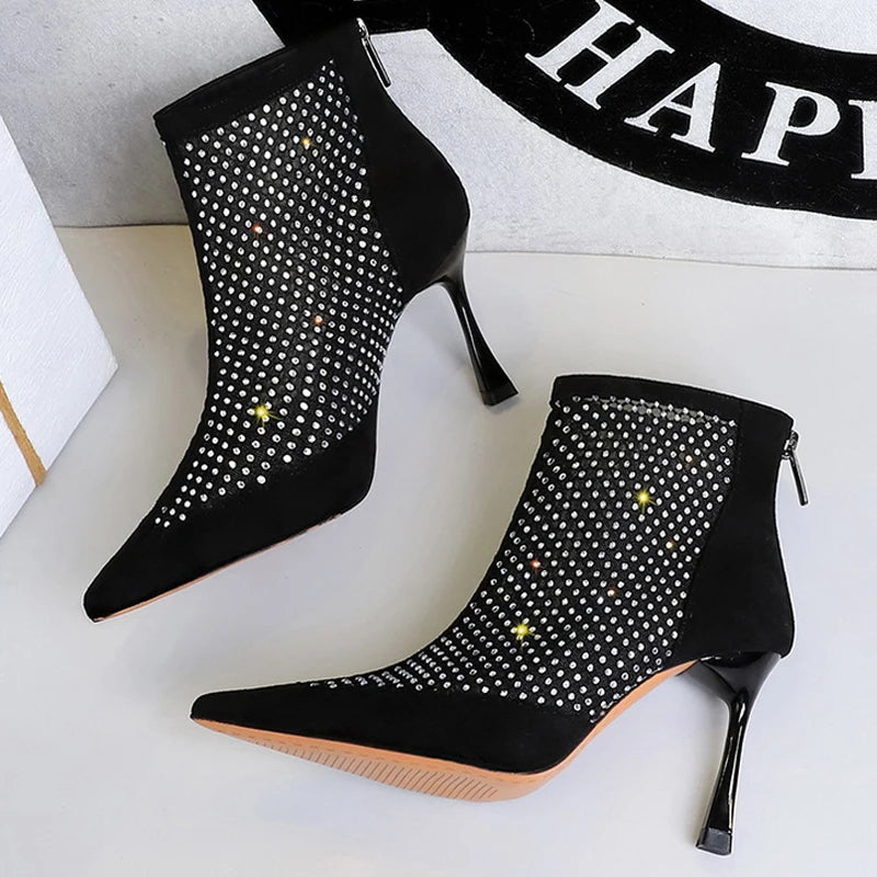Sexy Mesh Rhinestones Women Boots Net Breathable Boots Stiletto High-Heeled Boots Summer Sandals Boots Rear Zipper High Heels