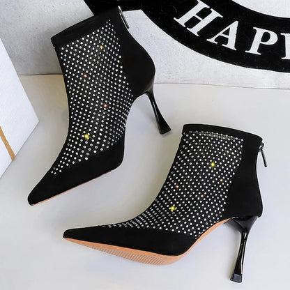 Sexy Mesh Rhinestones Women Boots Net Breathable Boots Stiletto High-Heeled Boots Summer Sandals Boots Rear Zipper High Heels