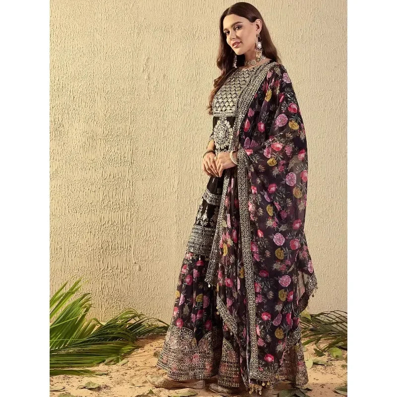 Women's Vintage Indian Heavy Embroidered Georgette Punjabi Suit Sequins 3 PCS Set Tunic Pants Dupatta for Wedding Festival Party