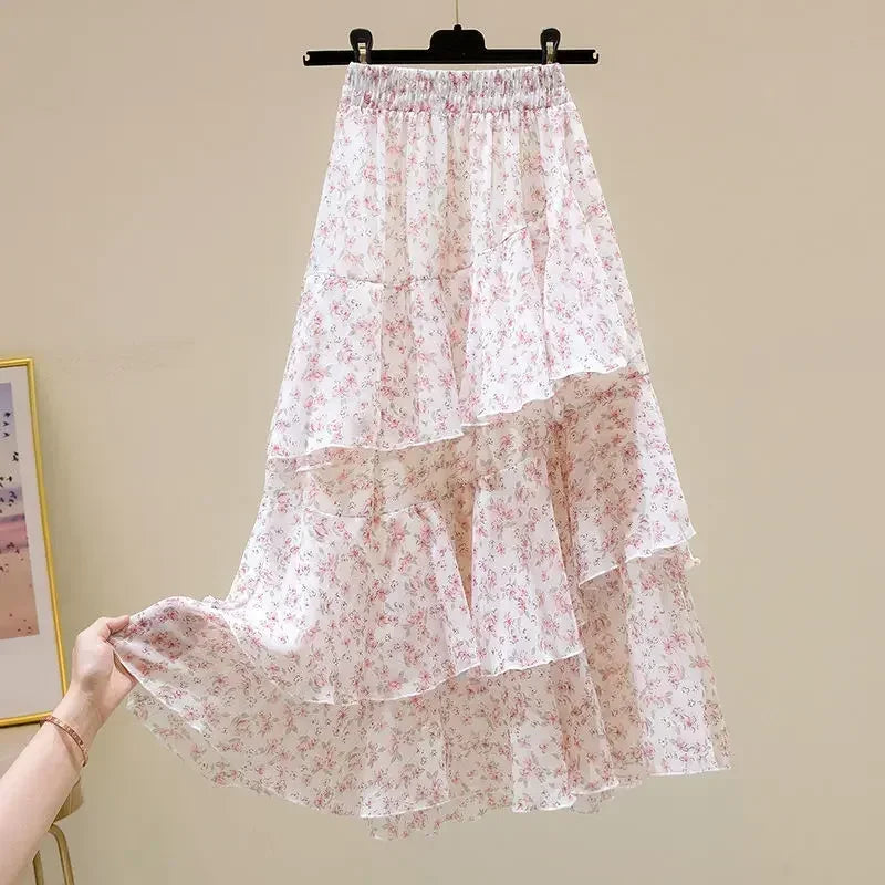 Hot Sale Floral Skirt Women New Summer 2025 Sweet Ruffled A-line Chiffon Long Skirt Woman Korean Clothing