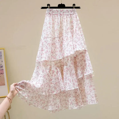 Hot Sale Floral Skirt Women New Summer 2025 Sweet Ruffled A-line Chiffon Long Skirt Woman Korean Clothing