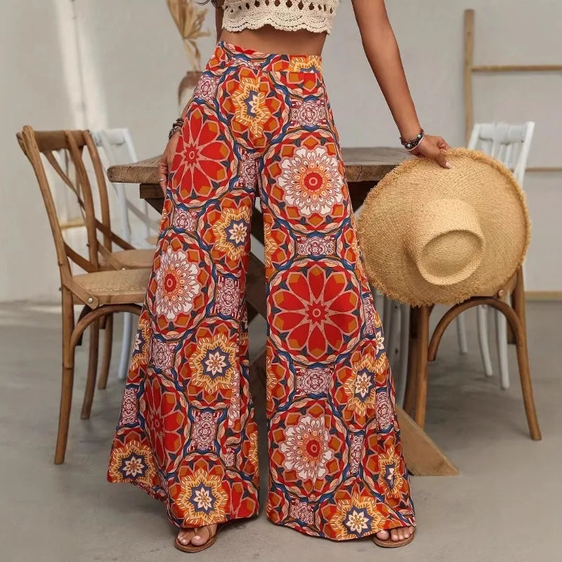 Women High Waist Boho Floral Wide Leg Pants Casual Loose Palazzo Trousers Summer Beach Vacation Pants