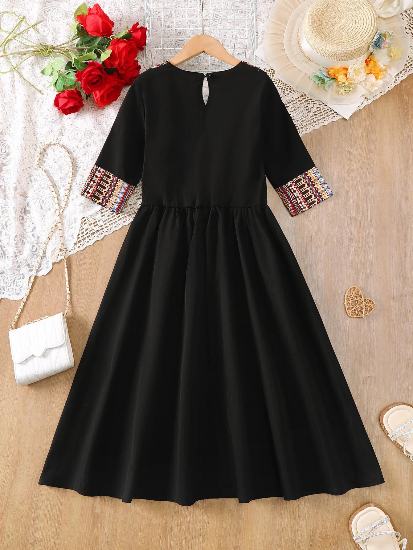 Middle East Girls Casual Mid-Sleeve Midi Dress Summer Ethnic Style Children's Clothing Long Dress for Big Kids