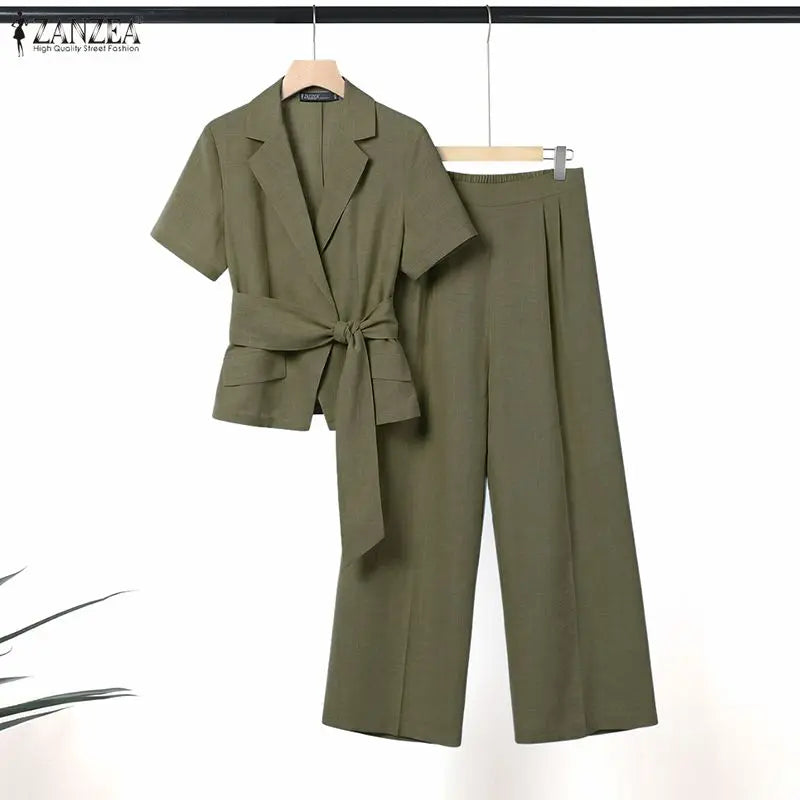 ZANZEA Women Summer Pant Sets 2PCS Solid Color Short Sleeve Tops Long Pants Matching Sets Streetwear Two-piece Outfits Female