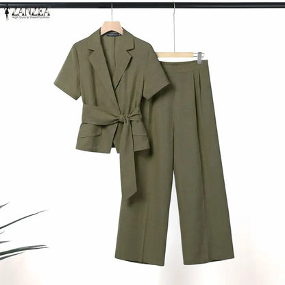 ZANZEA Women Summer Pant Sets 2PCS Solid Color Short Sleeve Tops Long Pants Matching Sets Streetwear Two-piece Outfits Female