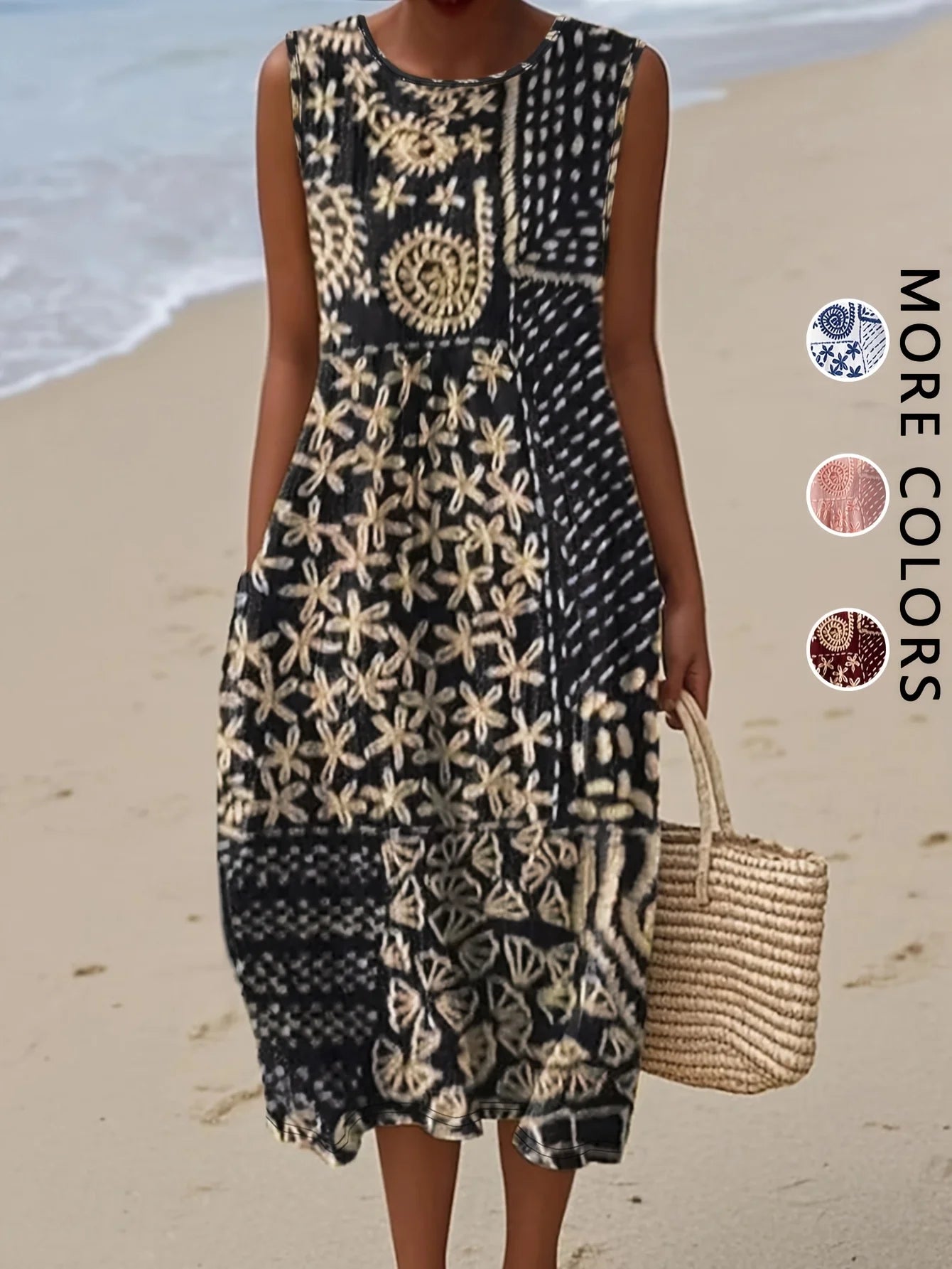 2026 Women's Sleeveless Bohemian Floral Casual Beach MIDI Sundress With Pockets Flowing and Loose Sweetheart Rustic Country