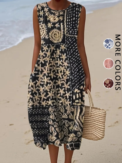 2026 Women's Sleeveless Bohemian Floral Casual Beach MIDI Sundress With Pockets Flowing and Loose Sweetheart Rustic Country