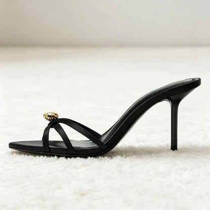 Luxury Metal Detail Satin Heeled Sandals Women Unique Cross Tied Open-toe Slide Sandals Fashion Round-toe Stiletto Party Heels
